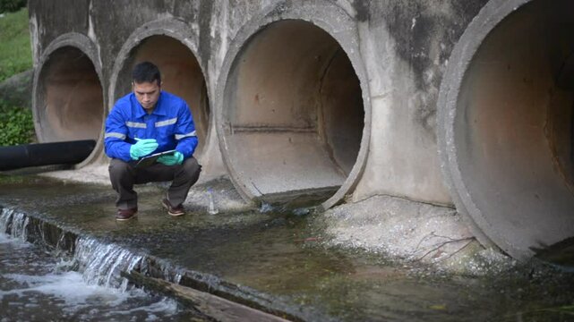 Water resources engineers check the purity of water flowing through pipes from natural water sources, environmentalist inspect the water resource.