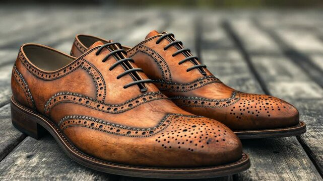 A pair of brown leather brogues sit on a wooden deck, ready for a day out