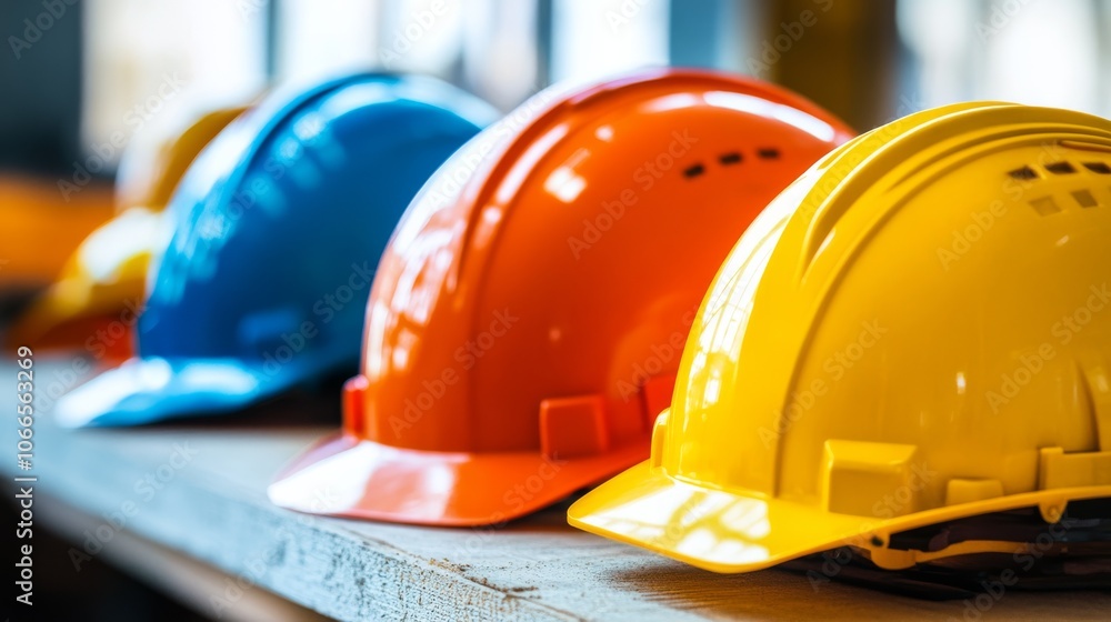 Poster a row of colorful construction helmets in blue, orange, and yellow displayed neatly on a surface.
