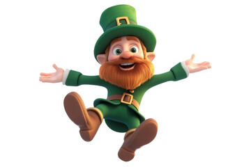 A cheerful leprechaun in a green suit and hat, with a big smile and outstretched arms, jumps in mid-air, isolated on transparent or white background