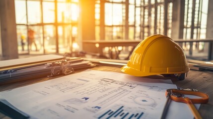 A construction scene featuring a yellow hard hat, blueprints, and tools lit by warm sunlight, emphasizing planning and safety in building projects.