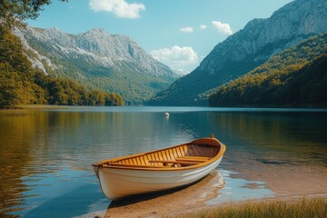 Obraz premium Wooden rowboat resting on the shore of a serene alpine lake