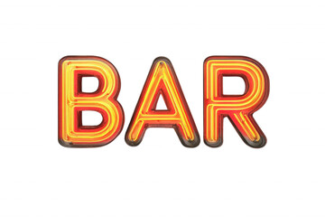A vibrant neon sign spelling "BAR" in a retro style, isolated on transparent or white background