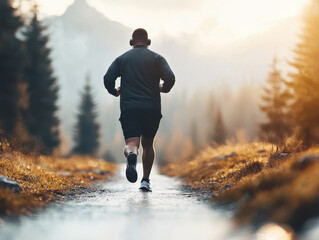 A man jogging on a scenic forest trail during sunset, surrounded by trees and mountains, embodying fitness and outdoor lifestyle.