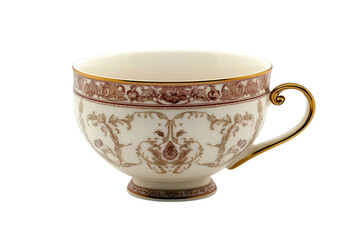 Elegant white teacup with intricate gold and red floral pattern, isolated on transparent or white background