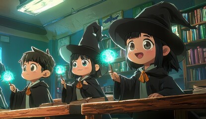 Obraz premium Charming chibi anime wizards enthusiastically practicing magic spells in a magical classroom environment filled with books and enchantment