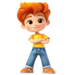 Happy cartoon boy with orange hair in a yellow shirt and blue jeans, smiling confidently, isolated on transparent or white background
