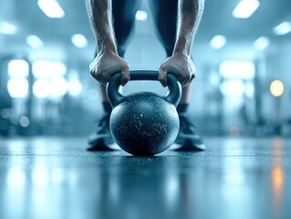 Fototapeta premium A person lifting a kettlebell in a well-lit gym, showcasing strength and fitness. The focus is on the kettlebell and the determination of the individual.