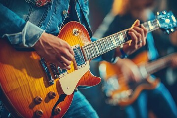 Obraz premium Guitarist playing electric guitar during live performance on stage