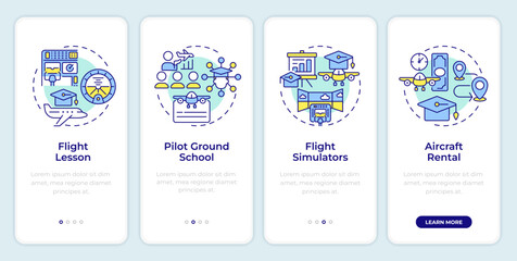 Aviation training onboarding mobile app screen. Walkthrough 4 steps editable graphic instructions with linear concepts. UI, UX, GUI template. Montserrat SemiBold, Regular fonts used