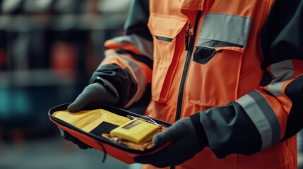 Fototapeta premium A person in a safety jacket holds a yellow toolkit, emphasizing the importance of safety and preparedness in a work environment.