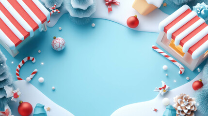 Obraz premium Festive Christmas scene with colorful decorations, snow, and market stalls. vibrant colors and playful elements create joyful holiday atmosphere