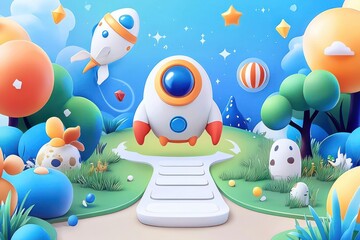 Obraz premium A vibrant illustration of a whimsical landscape featuring playful rockets, colorful trees, and cheerful celestial elements.
