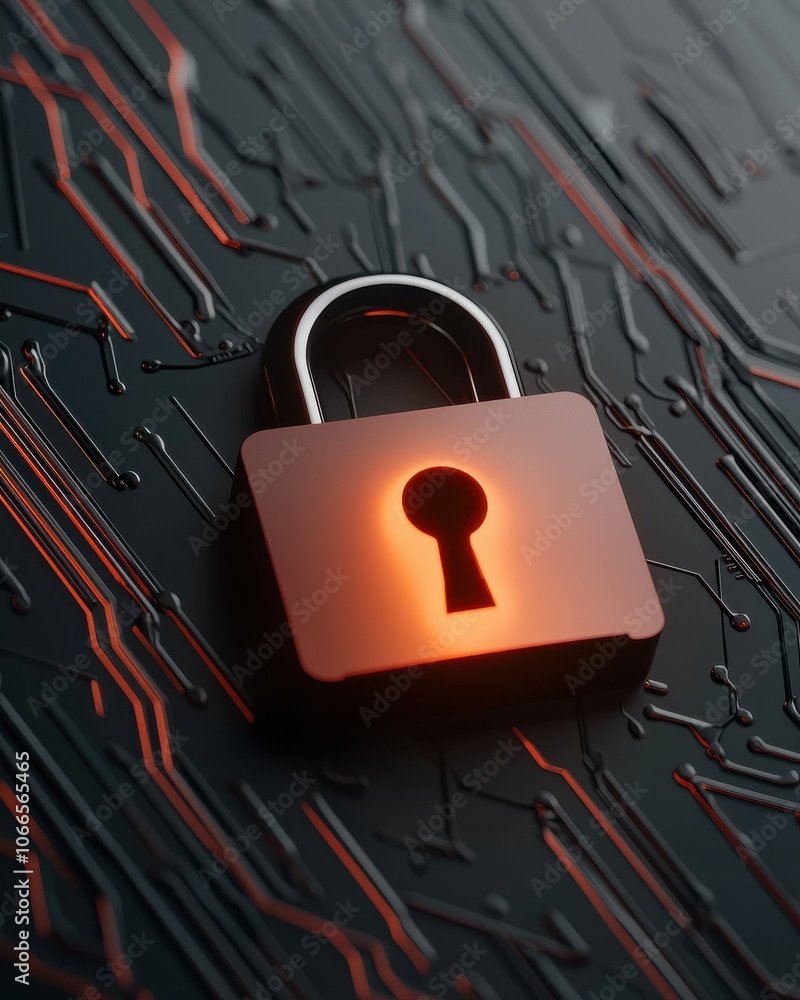 Poster a glowing padlock on a digital circuit background, representing security in the digital age.