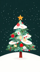 Fototapeta premium festive Christmas tree adorned with colorful ornaments and star on top, set against snowy background. scene evokes joyful holiday spirit