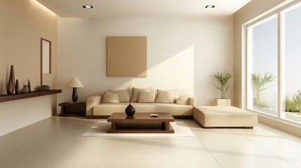 Modern Living Room with Beige Sofa, Wooden Coffee Table, and Large Window