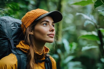 Young hiker exploring lush tropical forest with backpack