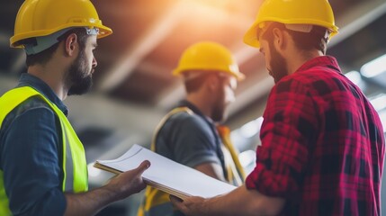 Three construction workers in hard hats review plans in a warehouse, highlighting teamwork and project management in a construction environment.