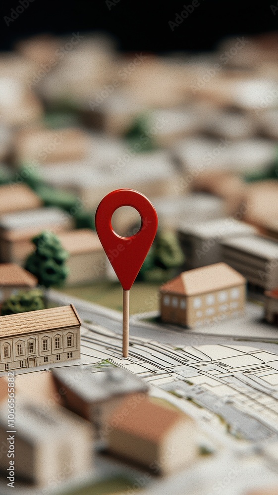 Poster a red location pin on a miniature map represents navigation and destination.