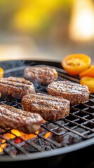 Grilled meat patties on a barbecue grill with sliced tomatoes, close-up view.