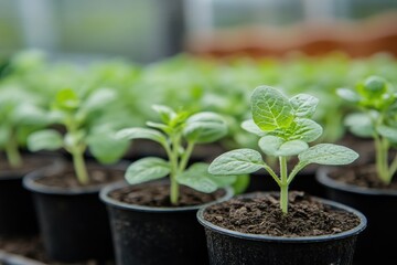 Seedlings growing in pots under greenhouse conditions