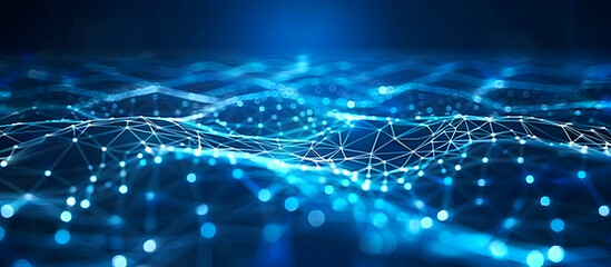 Obraz premium Abstract background with digital connections and network grid waves on a blue backdrop