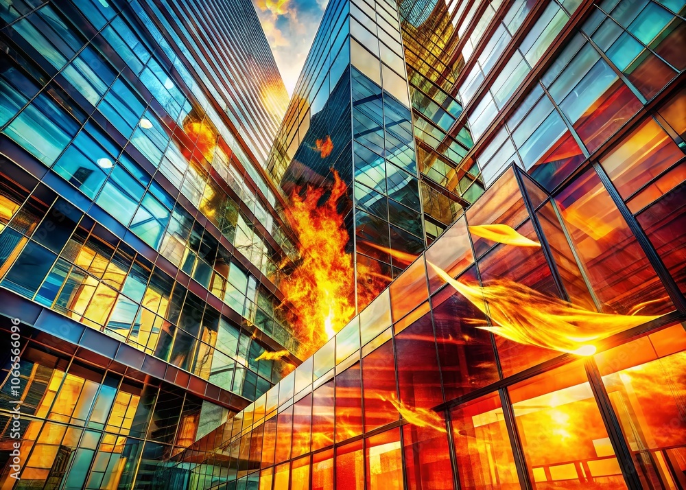 Poster abstract architectural photography of flame splatter patterns with dynamic lines and vibrant colors 