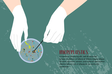 Microplastic pollution. Petri dish with microplastics. Scientist's hand in glove holding plate with plastic. Water or soil waste. Laboratory test, chemical analysis. Vector flat cartoon illustration