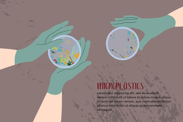 Microplastic pollution. Petri dish with microplastics. Scientist's hand in glove holding plate with plastic. Water or soil waste. Laboratory test, chemical analysis. Vector flat cartoon illustration