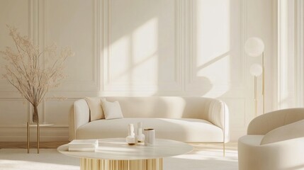 Minimalist Living Room with White Sofa, Gold Accents, and Natural Light