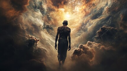 Obraz premium Journey of the Soul: Elderly Man Embracing a Cosmic Spiritual Quest under the Light of a Distant Star