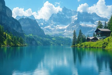 Fototapeta premium Stunning seealpsee lake reflecting snow-capped mountains and green hills in switzerland