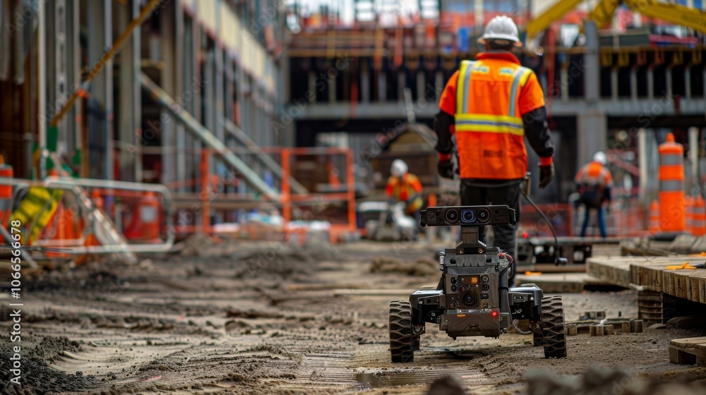 Poster a worker is seen operating a remotecontrolled rover equipped with cameras allowing them to inspect h