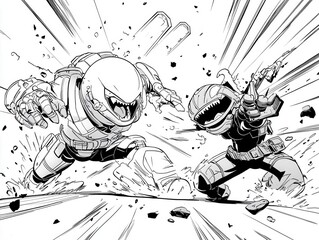 Obraz premium Dynamic action scene featuring two cartoon creatures in an intense battle. Bold lines emphasize motion and energy.