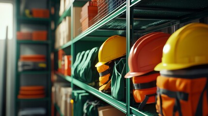 Shelves filled with safety gear, including hard hats and bags, demonstrate preparation for construction or industrial work environments.