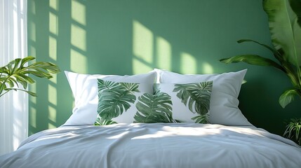 Two white throw pillows with green tropical leaf patterns rest on a bed with white bedding. The wall behind the bed is green, and sunlight streams through a window, ]