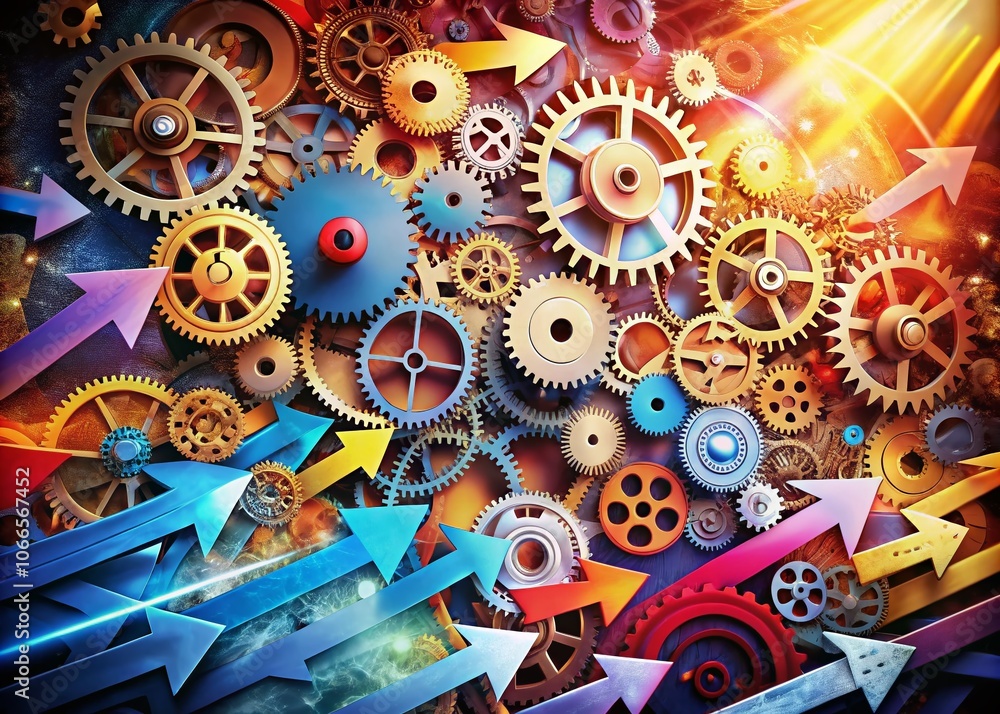 Poster abstract conceptual photography of arrows and gears representing direction, progress, and innovation