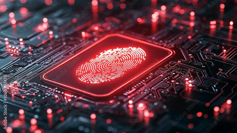 Poster a glowing red fingerprint on a circuit board, representing digital security and authentication
