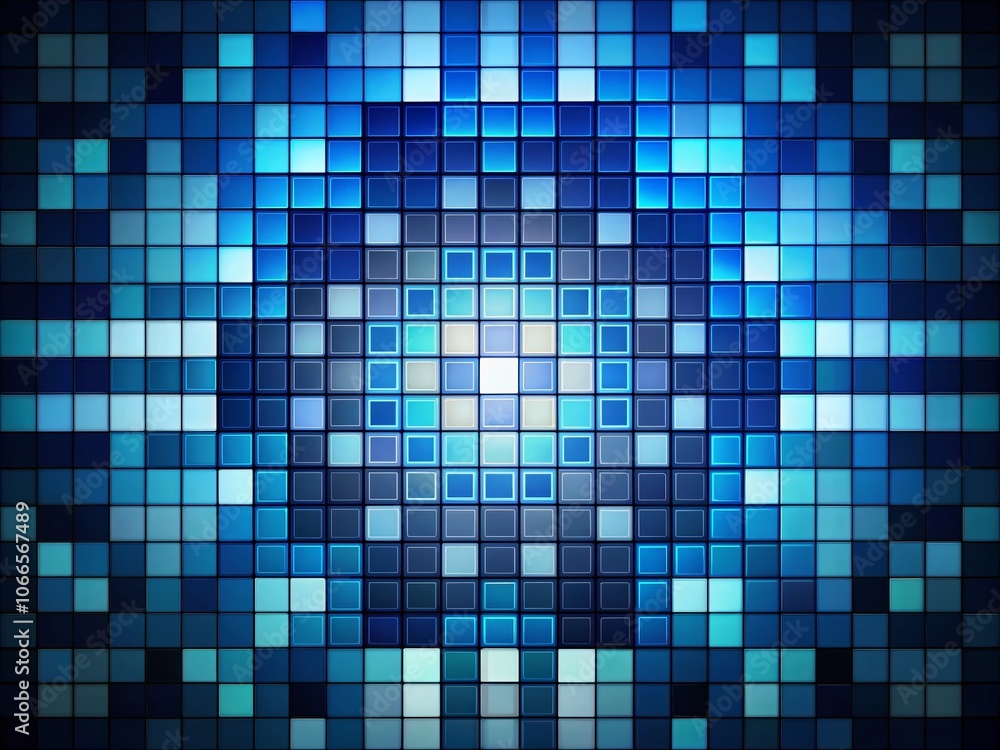 Poster abstract dark blue background with geometric patterns of squares and rectangles in varying shades of