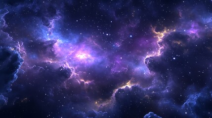 A vibrant nebula with purple and blue hues in a dark, starry sky.