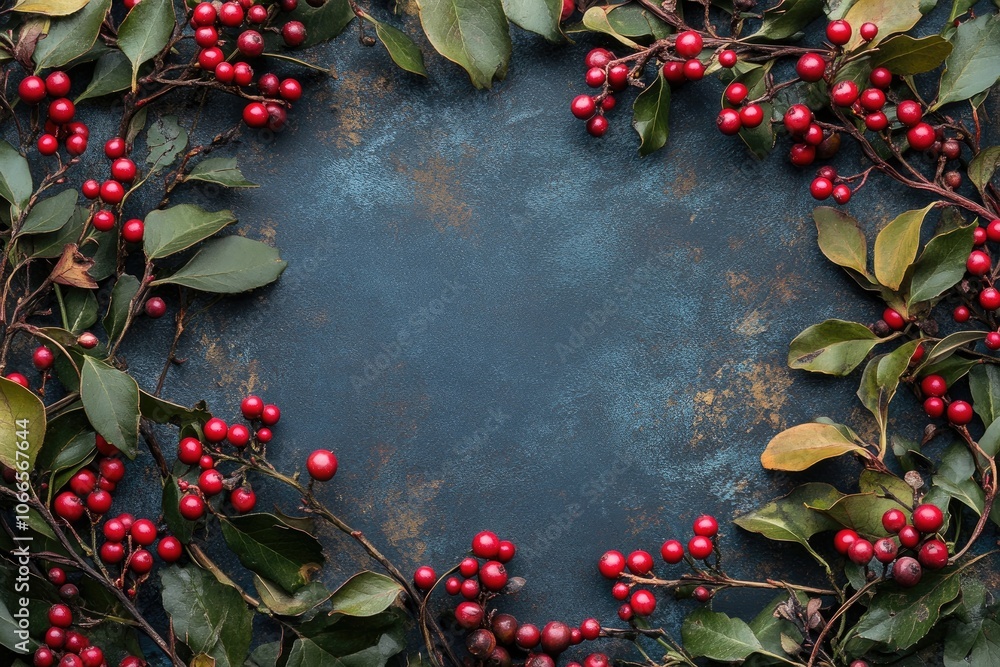 Poster christmas cotoneaster branches creating a festive frame on dark background