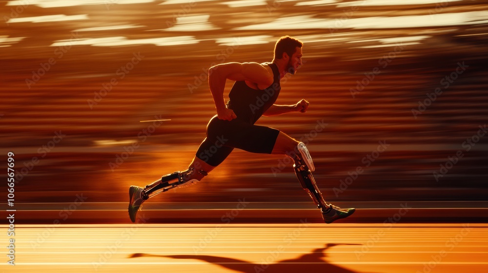 Fototapete An athlete with a prosthetic leg demonstrates impressive speed while running on a track at sunset, emphasizing determination and strength. Generative AI