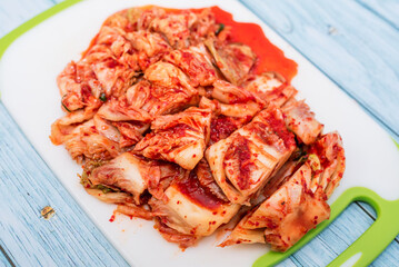 Traditional Korean Kimchi on a Cutting Board