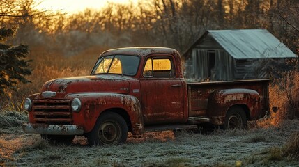 Fototapeta premium Vintage pickup truck in farmyard at sunset, rustic scene