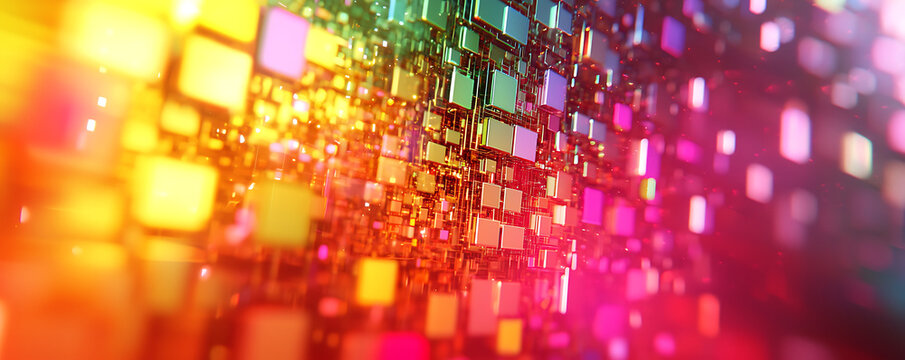 A highly detailed image featuring vibrant, glowing blocks in a variety of colors, stacked in a complex, futuristic arrangement that resembles a digital, three-dimensional wall or matrix.
