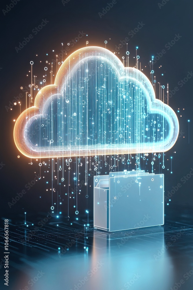 Poster digital cloud storage icon with glowing effects and data streams, modern technology representation.