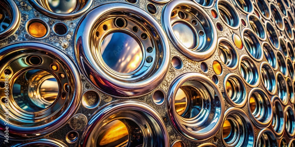 Poster abstract double exposure of chrome metallic surface with circular openings and dreamlike patterns fo