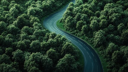 Top view of road dark green forest road which is an elevated road