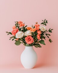 Fototapeta premium Elegant bouquet of colorful flowers in a white vase against a soft pink background.