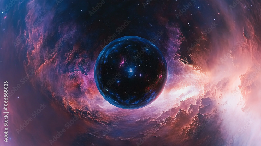Poster a mesmerizing cosmic sphere surrounded by colorful nebulae in deep space at twilight